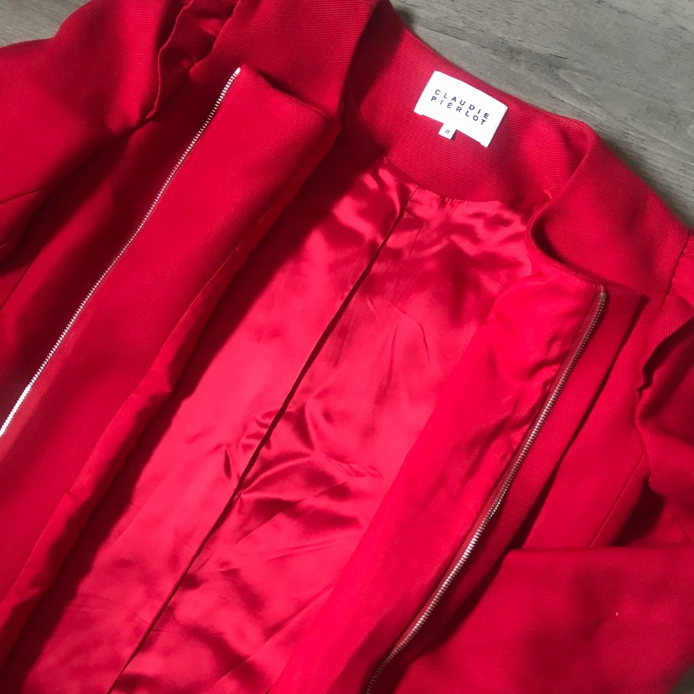 Claudie Pierlot Red Ruffle Shoulder Golf Coat